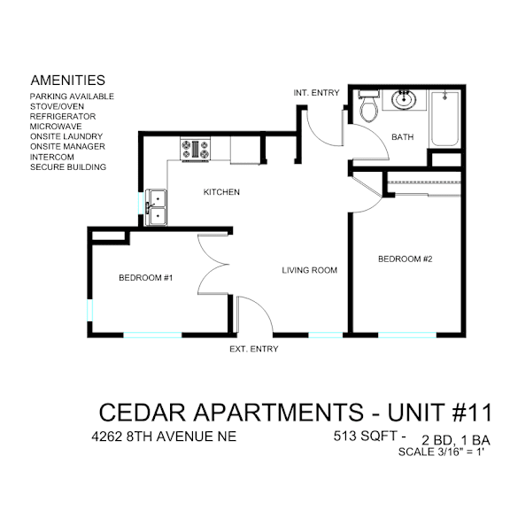 Thumbnail 8 of 9 A floor plan of a 2 bedroom apartment at Cedar Apartments