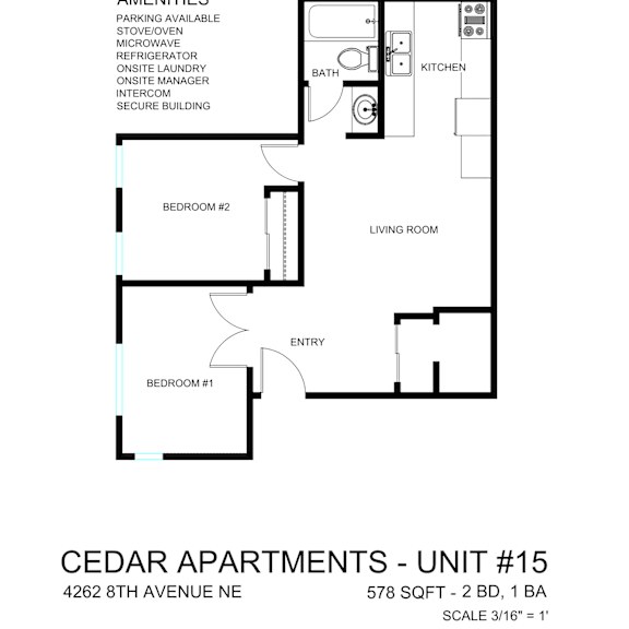 Thumbnail 2 of 9 A floor plan of a 2 bedroom apartment at Cedar Apartments