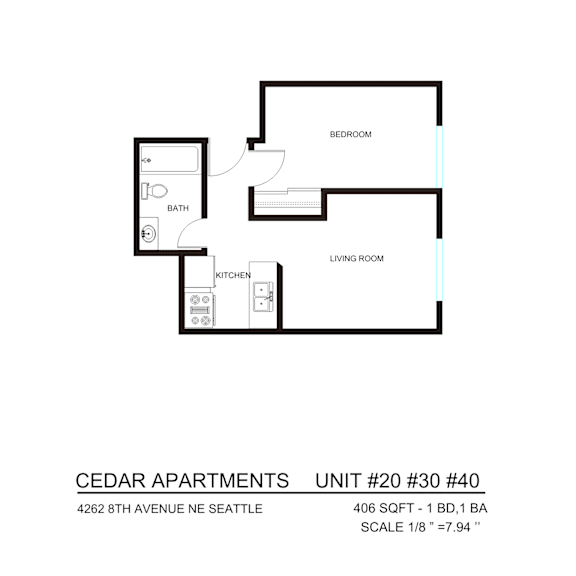 Thumbnail 2 of 3 A floor plan for a one bedroom apartment at Cedar Apartments.
