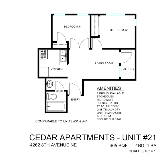 Thumbnail 7 of 9 A floor plan of a 2 bedroom apartment at Cedar Apartments