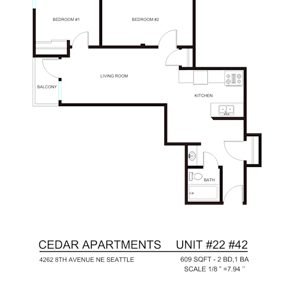 Thumbnail 6 of 9 A floor plan of a 2 bedroom apartment at Cedar Apartments
