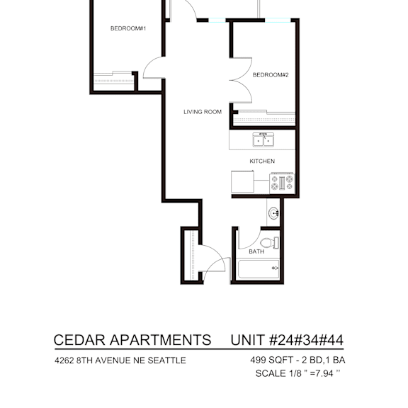 Thumbnail 1 of 9 A floor plan of a 2 bedroom apartment in Cedar Apartments.