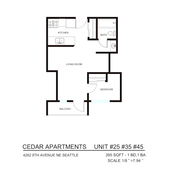 Thumbnail 1 of 3 A black and white diagram of an apartment layout.