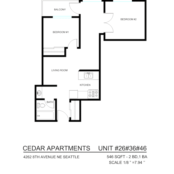 Thumbnail 5 of 9 A floor plan of a 2 bedroom apartment at Cedar Apartments