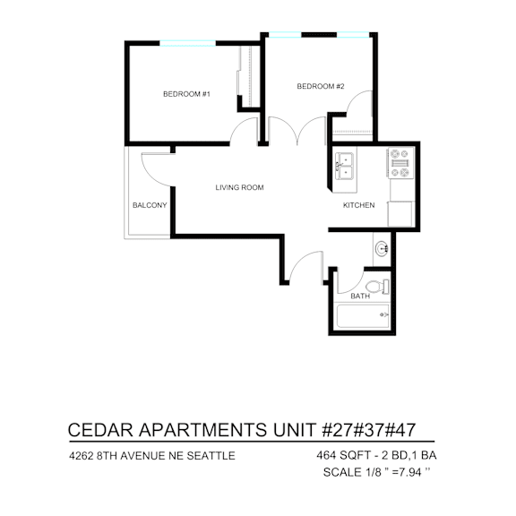 Thumbnail 3 of 9 A floor plan of a 2 bedroom apartment at Cedar Apartments