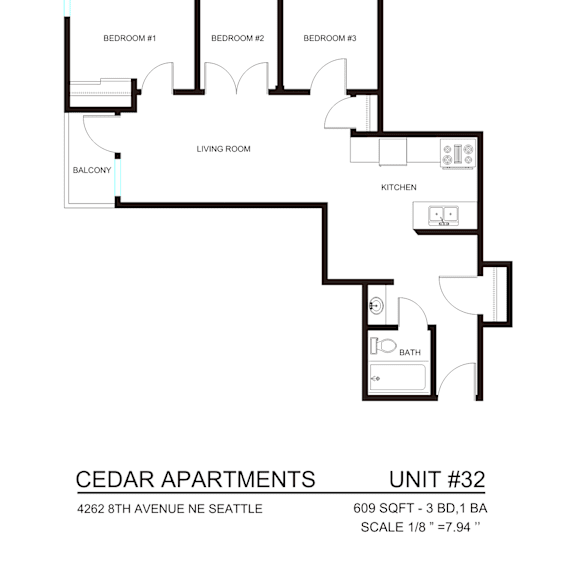 Thumbnail 1 of 2 A floor plan of apartment unit #32 at Cedar Apartments.