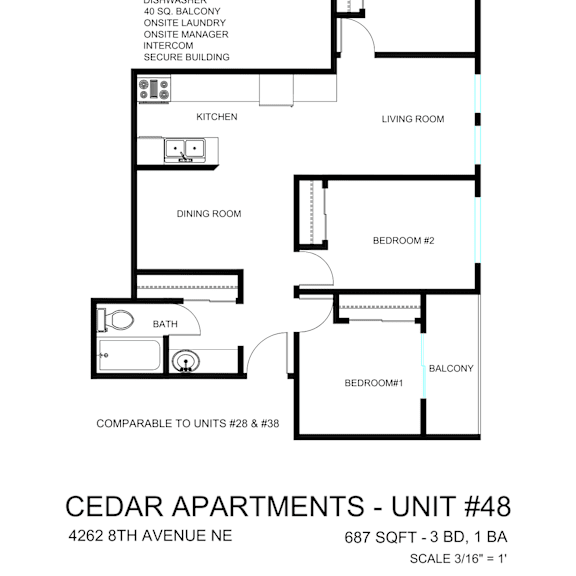 Thumbnail 2 of 2 A floor plan for a unit at Cedar Apartments, showing a living room, dining room, kitchen, and four bedrooms.