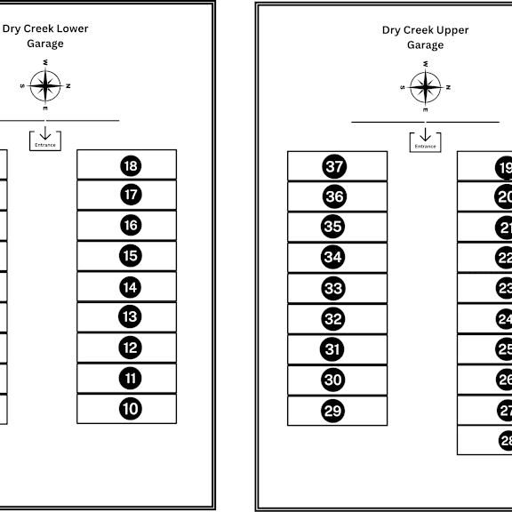 Thumbnail 8 of 8 A diagram showing two garages, one on the left and one on the right, with numbered parking spaces.