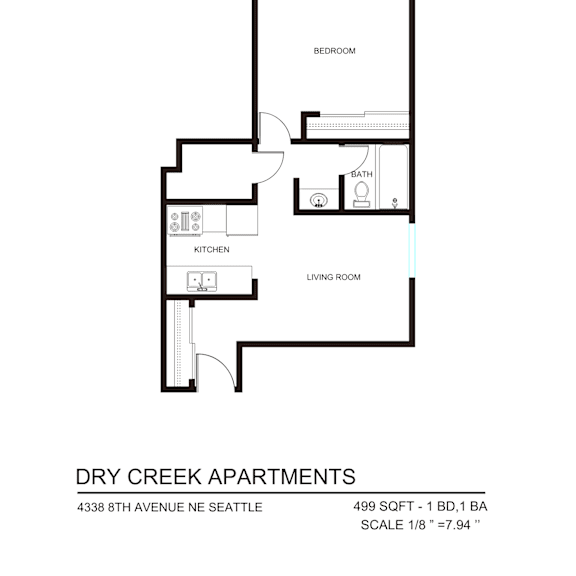 Thumbnail 2 of 8 A floor plan for Dry Creek Apartments shows a living room, a kitchen, a bathroom and a bedroom.