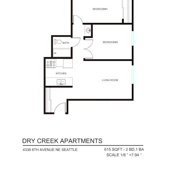 Thumbnail 2 of 6 A floor plan for Dry Creek Apartments shows two bedrooms, a living room, a kitchen, and a bathroom.