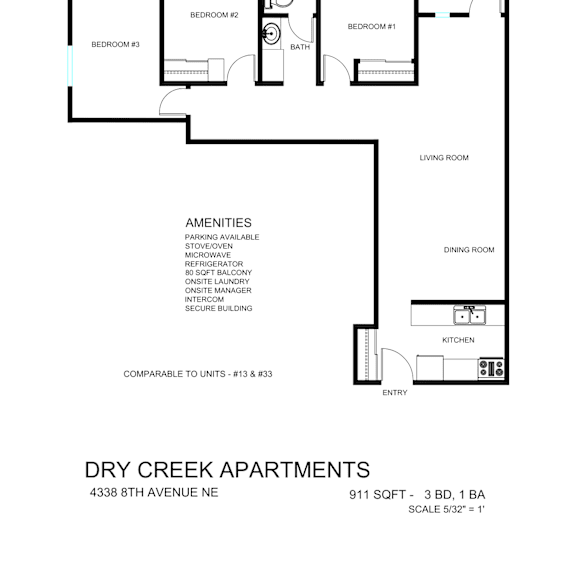 Thumbnail 2 of 3 A floor plan for Dry Creek Apartments shows three bedrooms and two bathrooms.