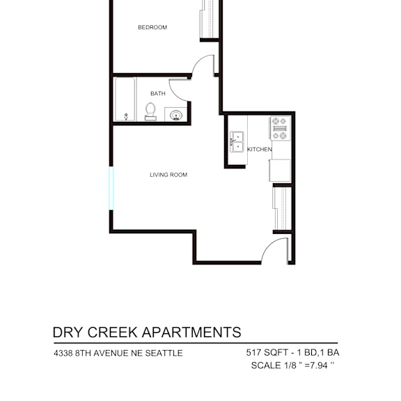 Thumbnail 2 of 5 A floor plan for Dry Creek Apartments shows a living room, a kitchen, a bath, and a bedroom.