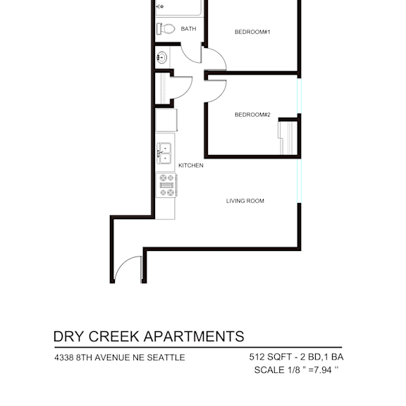 Thumbnail 4 of 6 A floor plan for Dry Creek Apartments shows a living room, a kitchen, and two bedrooms.
