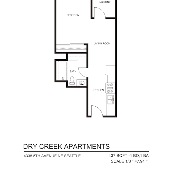 Thumbnail 1 of 8 A black and white diagram of a floor plan for apartment living.