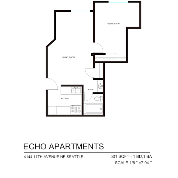 Thumbnail 2 of 3 A floor plan for Echo Apartments showing one apartment with a living room, kitchen, and bathroom.