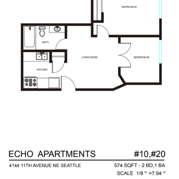 Thumbnail 3 of 9 A floor plan for Echo Apartments shows two bedrooms and a living room.