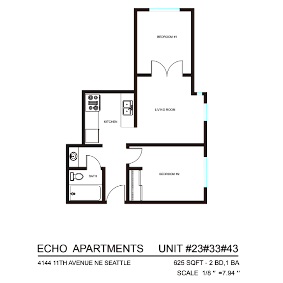 Thumbnail 9 of 9 A black and white image of a floor plan for a 1/8th apartment.