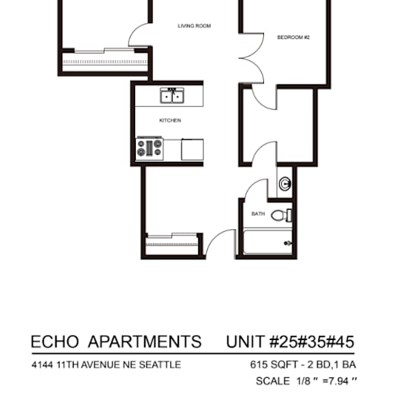 Thumbnail 4 of 9 A floor plan for Echo Apartments shows a kitchen with an oven, sink, and dishwasher.