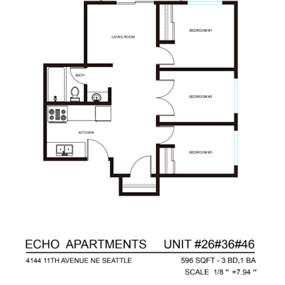 Thumbnail 7 of 9 A black and white diagram of a floor plan for a three bedroom apartment.