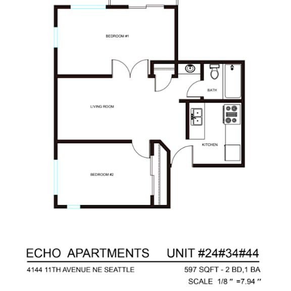 Thumbnail 4 of 7 A floor plan for Echo Apartments shows two bedrooms, a living room, a kitchen, and a bathroom.