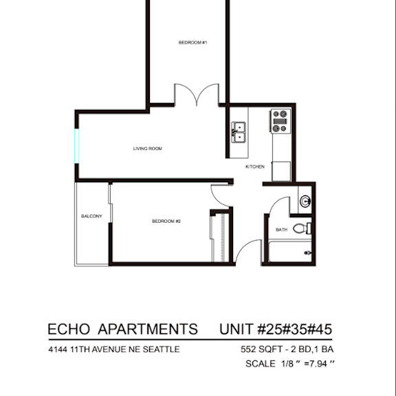 Thumbnail 6 of 9 A floor plan for Echo Apartments shows a living room, a bedroom, a bathroom, a balcony, and a kitchen.