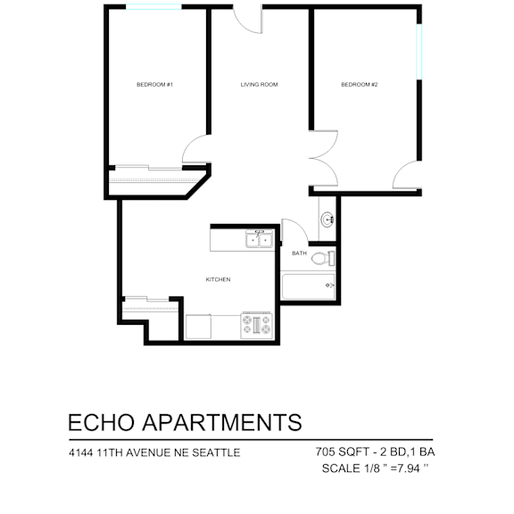 Thumbnail 1 of 2 A floor plan for Echo Apartments shows three bedrooms and a living room.