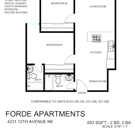 Thumbnail 1 of 2 A floor plan for a 2 bedroom, 2 bath apartment.
