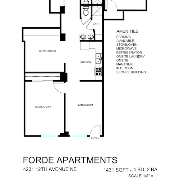 Thumbnail 1 of 2 A black and white diagram of the apartment layout for Forde Apartments.