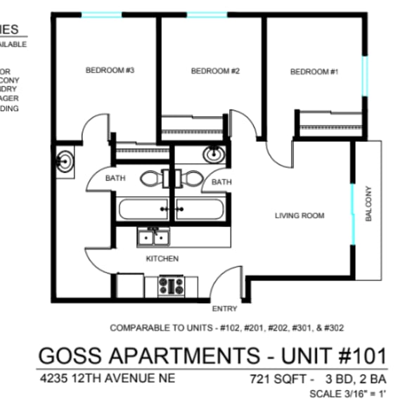 Thumbnail 1 of 2 A floor plan for apartment units at Goss Apartments.