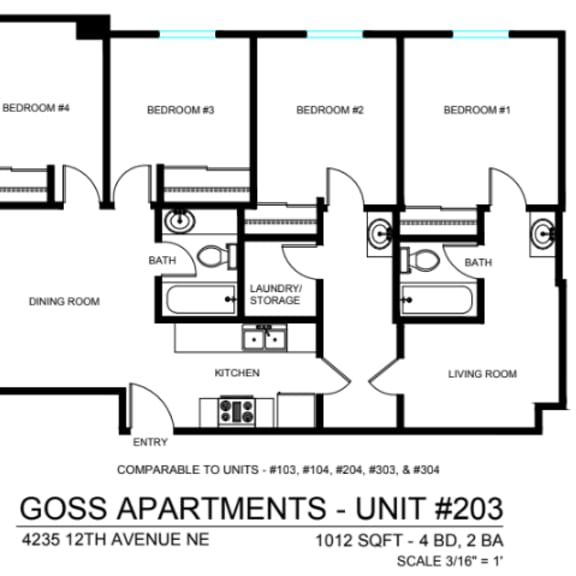 Thumbnail 1 of 2 A floor plan for a 4 bedroom apartment with a living room, dining room, kitchen, and bathrooms.