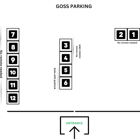 Thumbnail 2 of 2 A diagram of a parking lot with numbered parking spaces and some with restrictions.