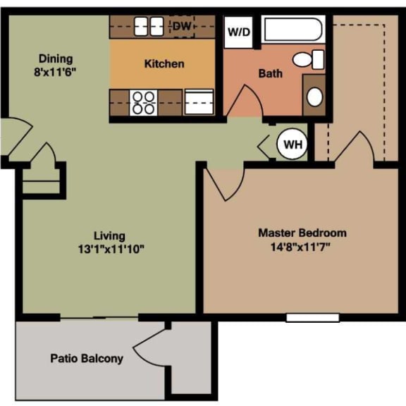 Thumbnail 2 of 2 1 Bedroom Apartment, 706 sqft, 2D Floorplan at Walnut Creek Apartments in Kokomo, IN