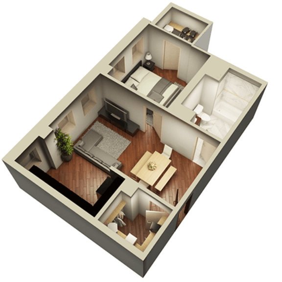 Thumbnail 1 of 4 1 Bed 1 Bath 632 sqft 3D Floor Plan at Somerset Place Apartments, Chicago, 60640