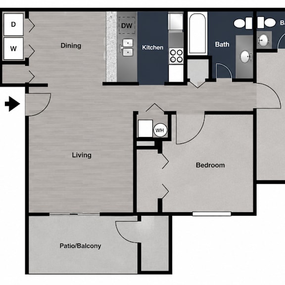 Thumbnail 2 of 2 A floor plan of a house with a living room, dining room, kitchen, two bedrooms, a bathroom, and a patio/balcony.