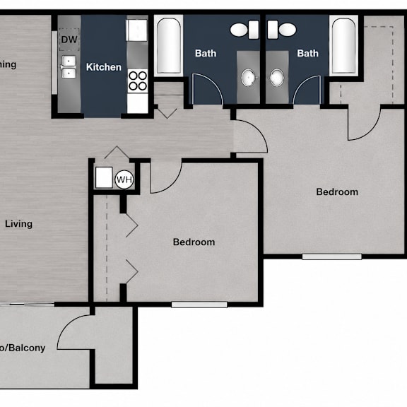 Thumbnail 2 of 2 A floor plan of a house with a kitchen, living room, dining room, two bathrooms, and two bedrooms.