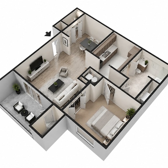 Thumbnail 1 of 2 A 3D floor plan of a house with a kitchen, living room, and two bedrooms.