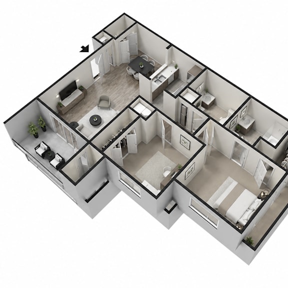 Thumbnail 1 of 2 A 3D floor plan of a house with a kitchen, living room, and two bedrooms.