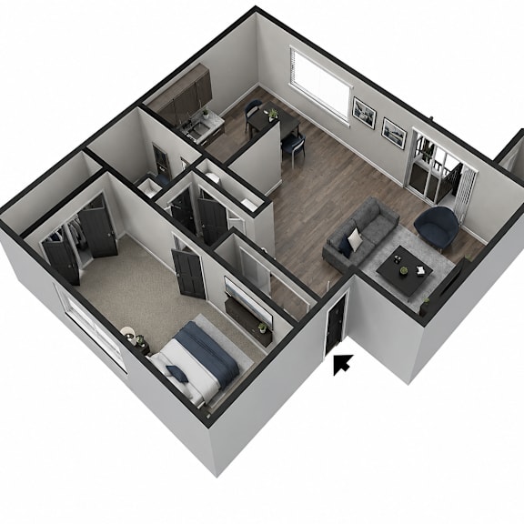 Thumbnail 1 of 2 A 3D floor plan of a house with a kitchen, living room, and two bedrooms.