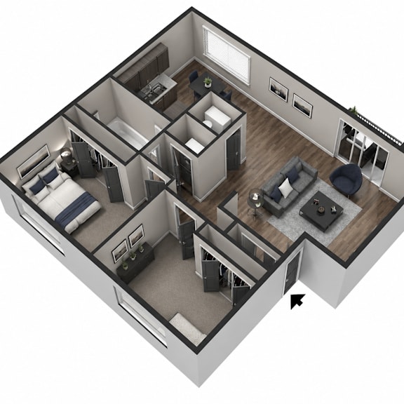 Thumbnail 1 of 2 A 3D floor plan of a house with a kitchen, living room, and two bedrooms.