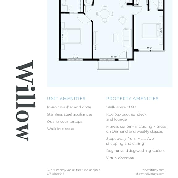 Thumbnail 2 of 2 Luxury 2 Bed 2 Bath, 1,330 sqft, 2D Floorplan at The Whit in Indianapolis, IN 46204
