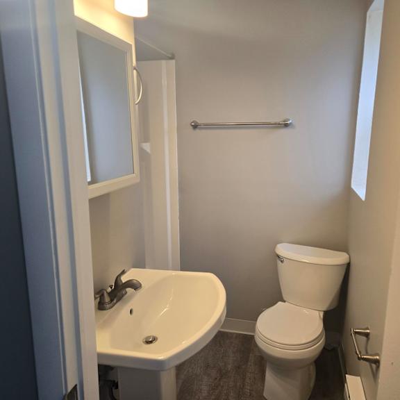 a white toilet sits next to a sink in a small bathroom.