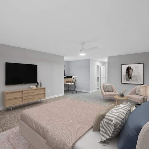 Thumbnail 8 of 14 a bedroom with a large bed and a television on the wall at Indian Creek Apartments*, Cincinnati, Ohio