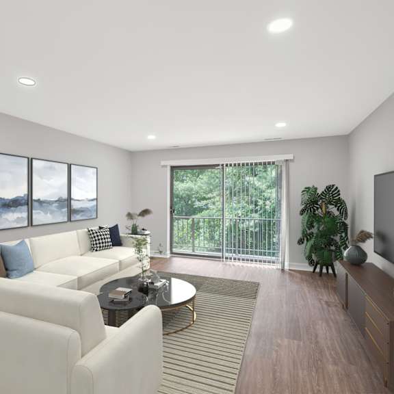 Thumbnail 3 of 18 A modern living room with a white sofa set and a television. at Indian Creek Apartments*, Cincinnati, OH, 45236