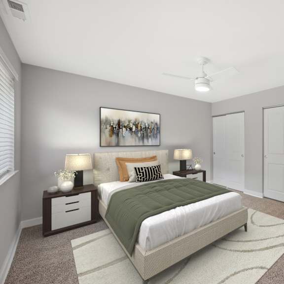Thumbnail 8 of 18 A bedroom with a bed, nightstands, and a painting on the wall. at Indian Creek Apartments*, Ohio, 45236