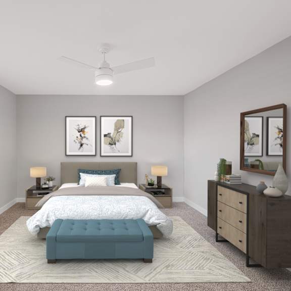 Thumbnail 8 of 25 A bedroom with a bed, dresser, and mirror. at Indian Creek Apartments*, Cincinnati, OH
