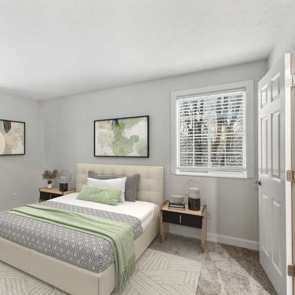 a bedroom with a bed, desk, and chair.