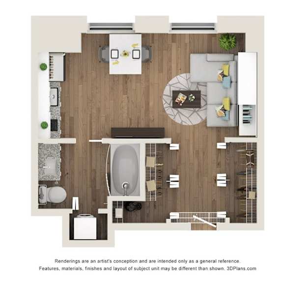 Thumbnail 1 of 11 A 3D floor plan of a small apartment with a kitchen, living room, and bathroom.