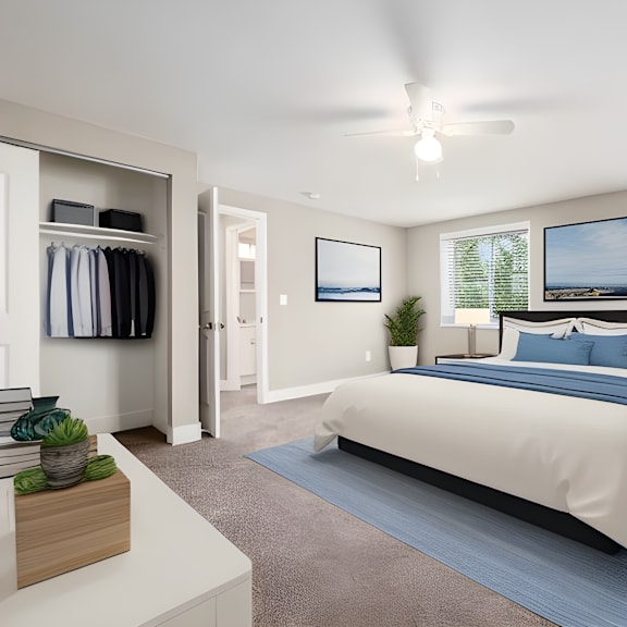 a bedroom with a bed and a closet
