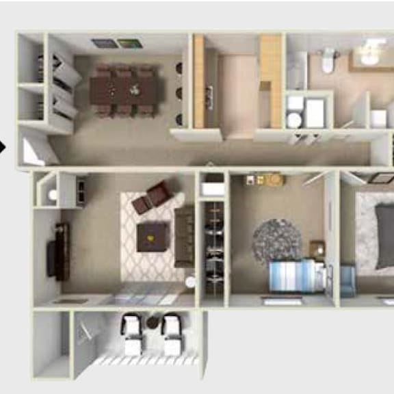 Thumbnail 1 of 2 A floor plan of a two-bedroom apartment with a kitchen and living room.