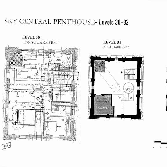 Thumbnail 2 of 2 A black and white image showing the floor plans for Sky Central Penthouse - Levels 30-32.